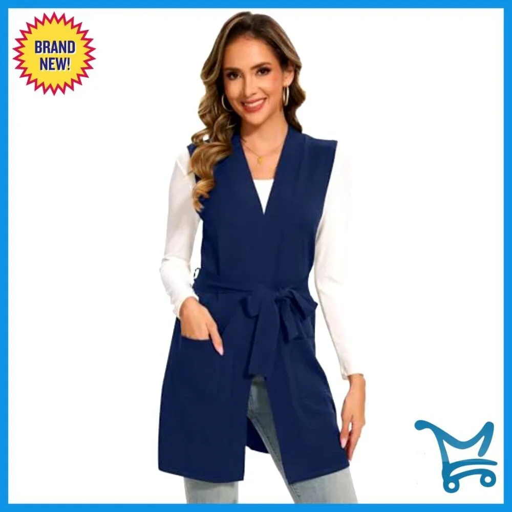 Sleeveless Ribbed Knit Vest with Belt and Pockets, Size Small - Picture 5 of 5